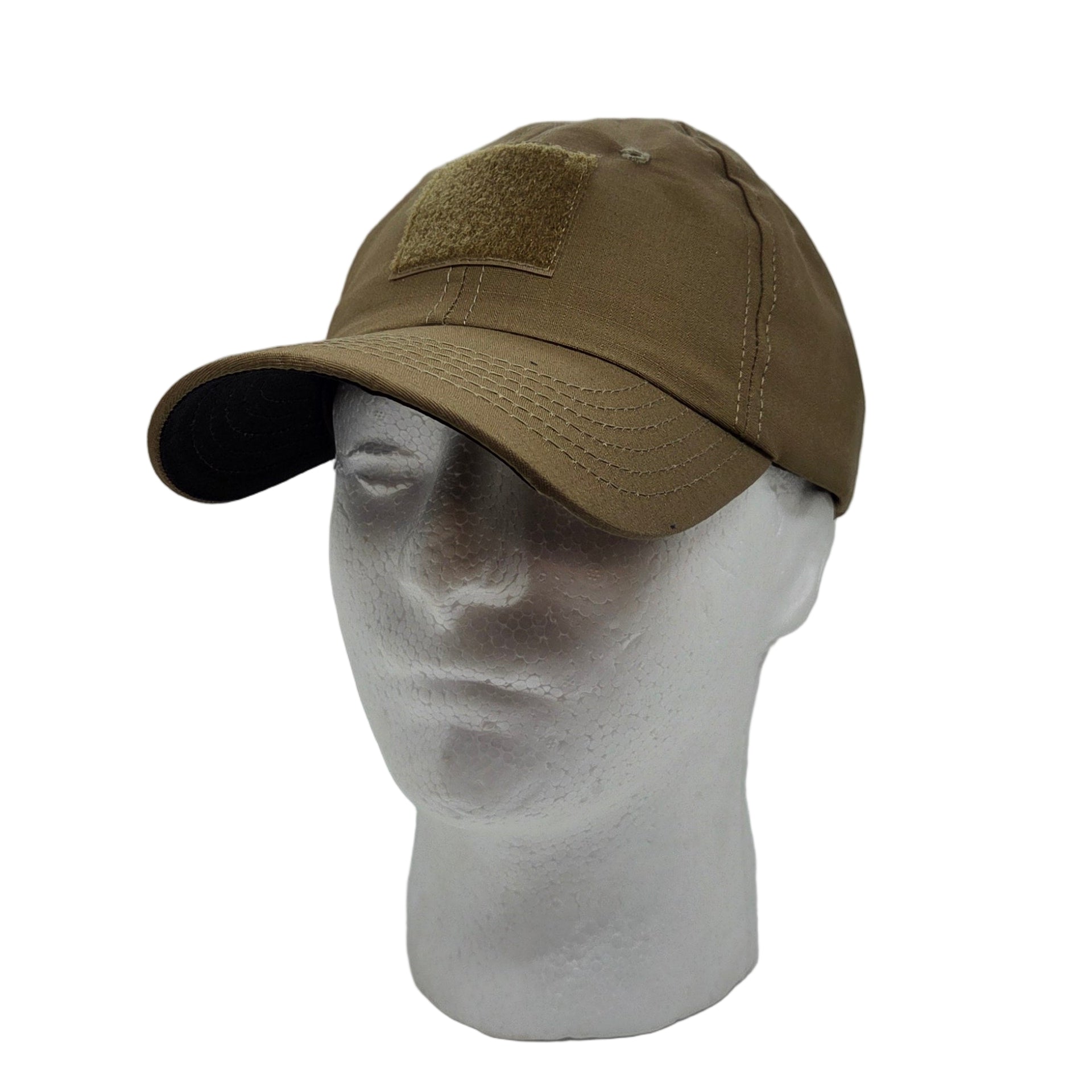 Mannequin head with a beige cap inside a white box with LED lights.