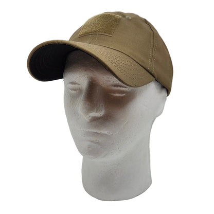 Beige cap on a mannequin head inside a white box with LED lights.