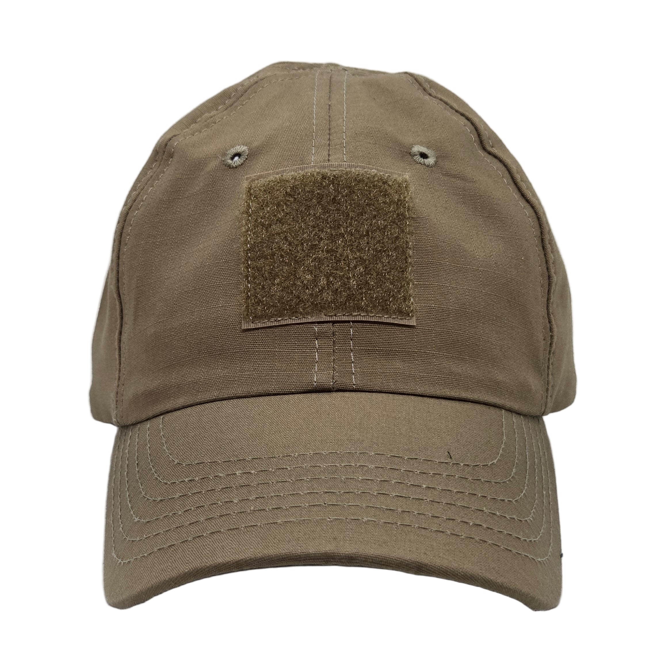 Khaki baseball cap with a patch on a white background