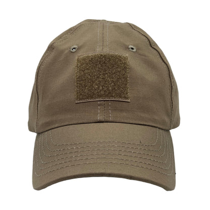Khaki baseball cap with a patch on a white background