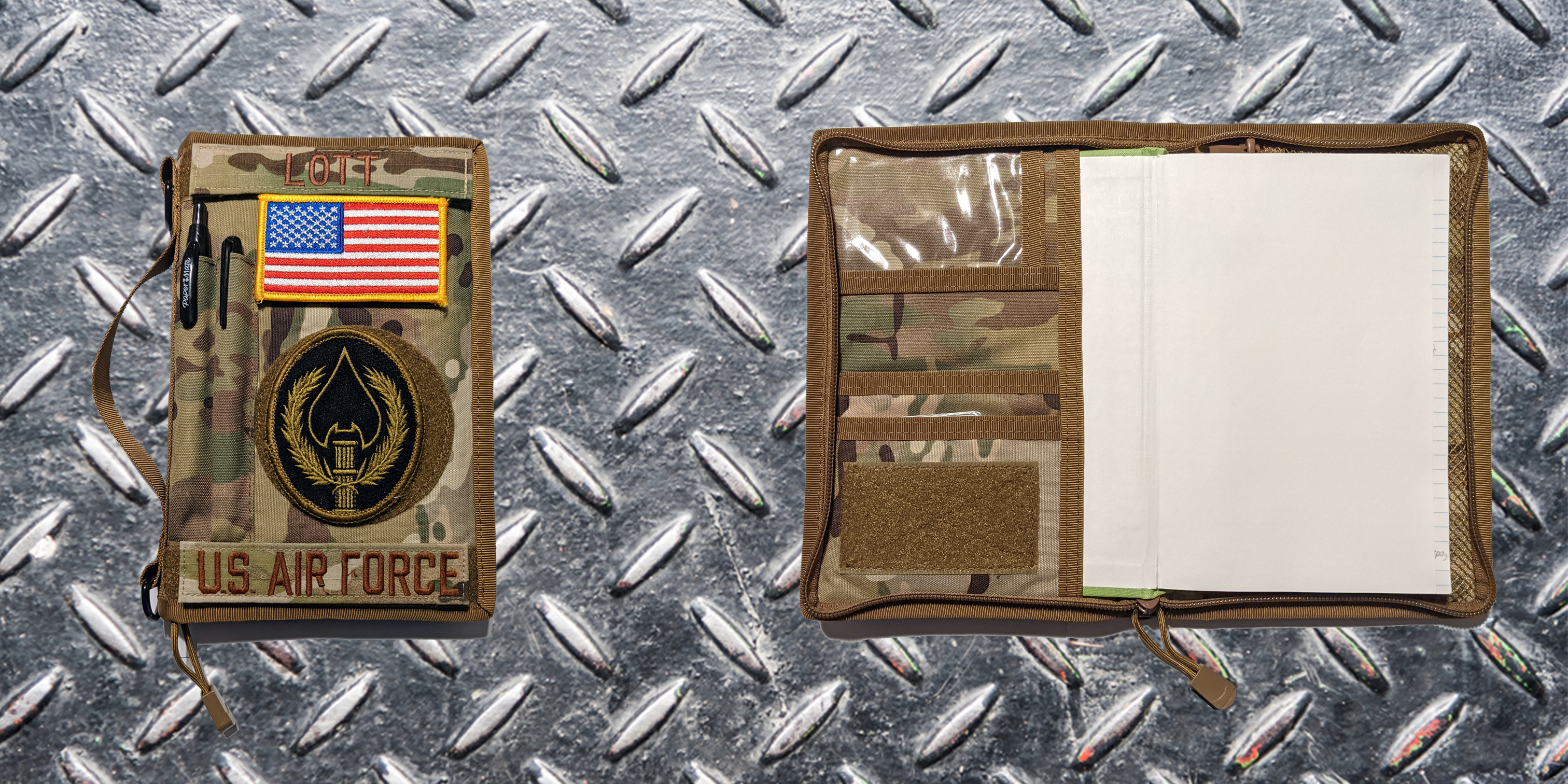 This is an OCP camo Book cover for use with the standard issue green leader books for the military.